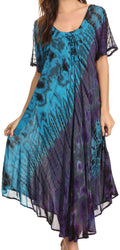 Sakkas Ria Tie Dye Embroidered Cap Sleeve Wide Neck Caftan Dress / Beach Cover Up#color_Teal 