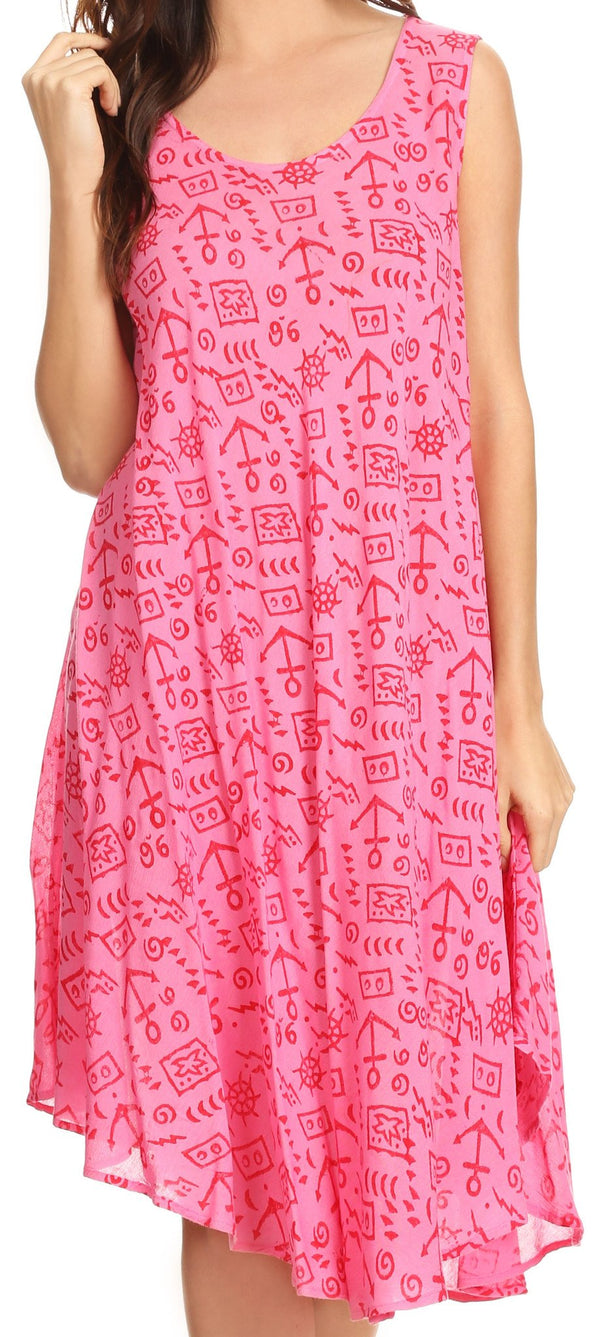 Sakkas Yara Sleeveless Casual Summer Cotton Print Beach Cover Up Swing Tank Dress#color_Coral