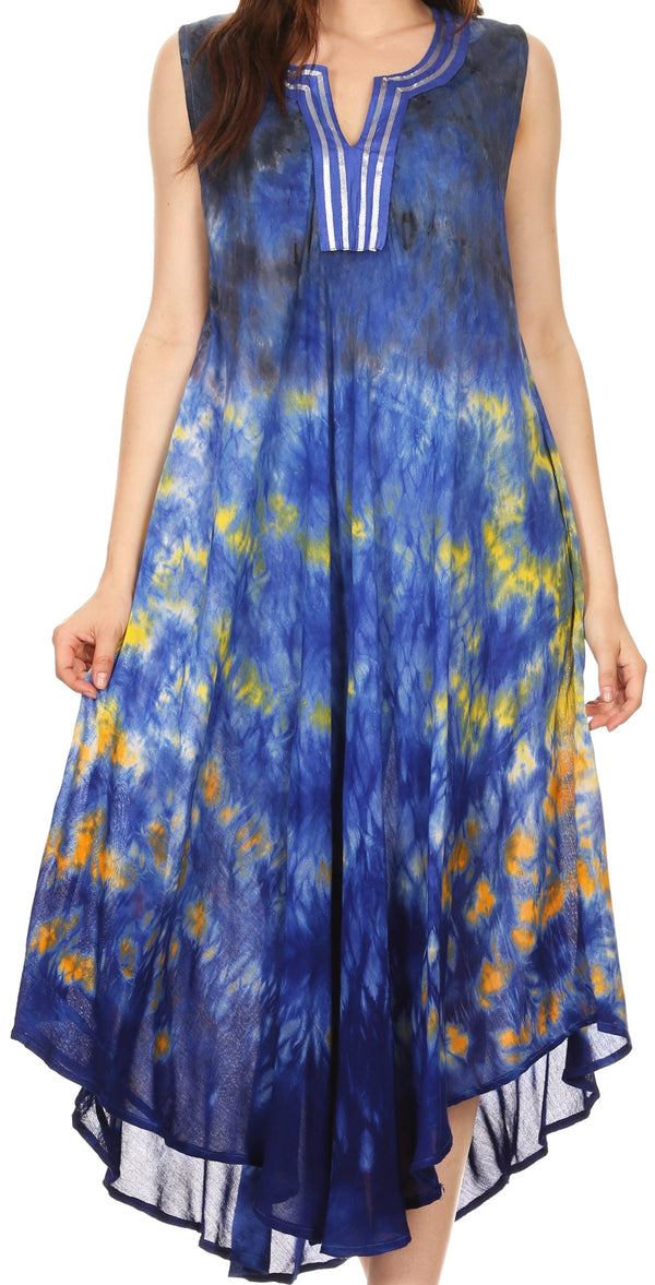 Sakkas Kalia Sleeveless Tide Dye Split Neck Dress / Cover Up#color_Blue/Grey