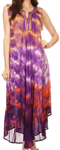 Sakkas Kalia Sleeveless Tide Dye Split Neck Dress / Cover Up#color_Purple/Orange