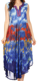 Sakkas Kalia Sleeveless Tide Dye Split Neck Dress / Cover Up#color_Red/Blue
