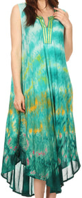 Sakkas Kalia Sleeveless Tide Dye Split Neck Dress / Cover Up#color_Turquoise/Yellow