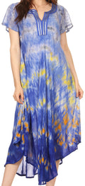 Sakkas Anita Short Sleeve Tie Dye Split Neck Dress / Cover Up#color_Blue/Grey