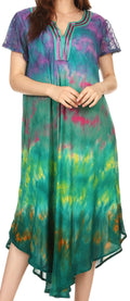Sakkas Anita Short Sleeve Tie Dye Split Neck Dress / Cover Up#color_Fuchsia/Turquoise