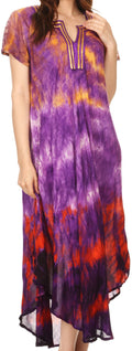 Sakkas Anita Short Sleeve Tie Dye Split Neck Dress / Cover Up#color_Purple/Orange