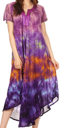 Sakkas Anita Short Sleeve Tie Dye Split Neck Dress / Cover Up#color_Purple/Pink