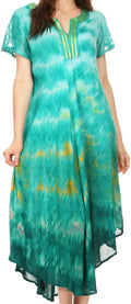 Sakkas Anita Short Sleeve Tie Dye Split Neck Dress / Cover Up#color_Turquoise/Yellow
