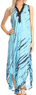 Sakkas Olivia Lightweight Sleeveless Tie Dye Dress with Mandarin Collar#color_Blue/Turquoise