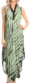 Sakkas Olivia Lightweight Sleeveless Tie Dye Dress with Mandarin Collar#color_Green/Black