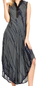 Sakkas Olivia Lightweight Sleeveless Tie Dye Dress with Mandarin Collar#color_Grey/Black