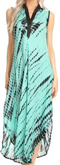 Sakkas Olivia Lightweight Sleeveless Tie Dye Dress with Mandarin Collar#color_Mint/Black