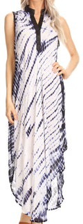 Sakkas Olivia Lightweight Sleeveless Tie Dye Dress with Mandarin Collar#color_Navy/White
