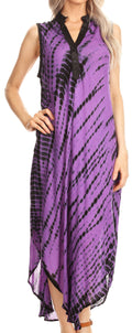 Sakkas Olivia Lightweight Sleeveless Tie Dye Dress with Mandarin Collar#color_Purple/Black