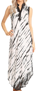 Sakkas Olivia Lightweight Sleeveless Tie Dye Dress with Mandarin Collar#color_White/Black