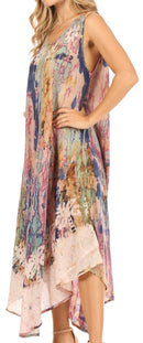 Sakkas Julia Boho Flared Multi-color Marble Batik Rayon Long Dress  / Cover Up