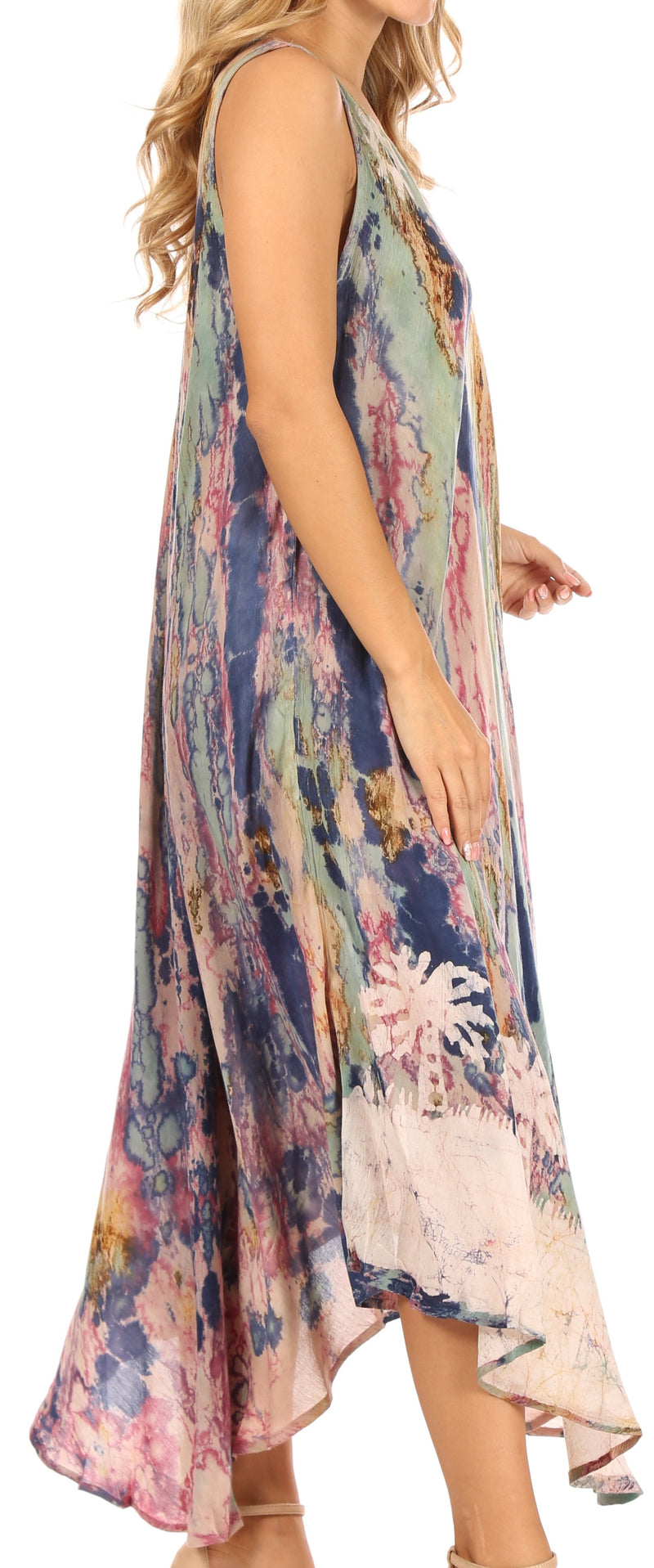 Sakkas Julia Boho Flared Multi-color Marble Batik Rayon Long Dress  / Cover Up