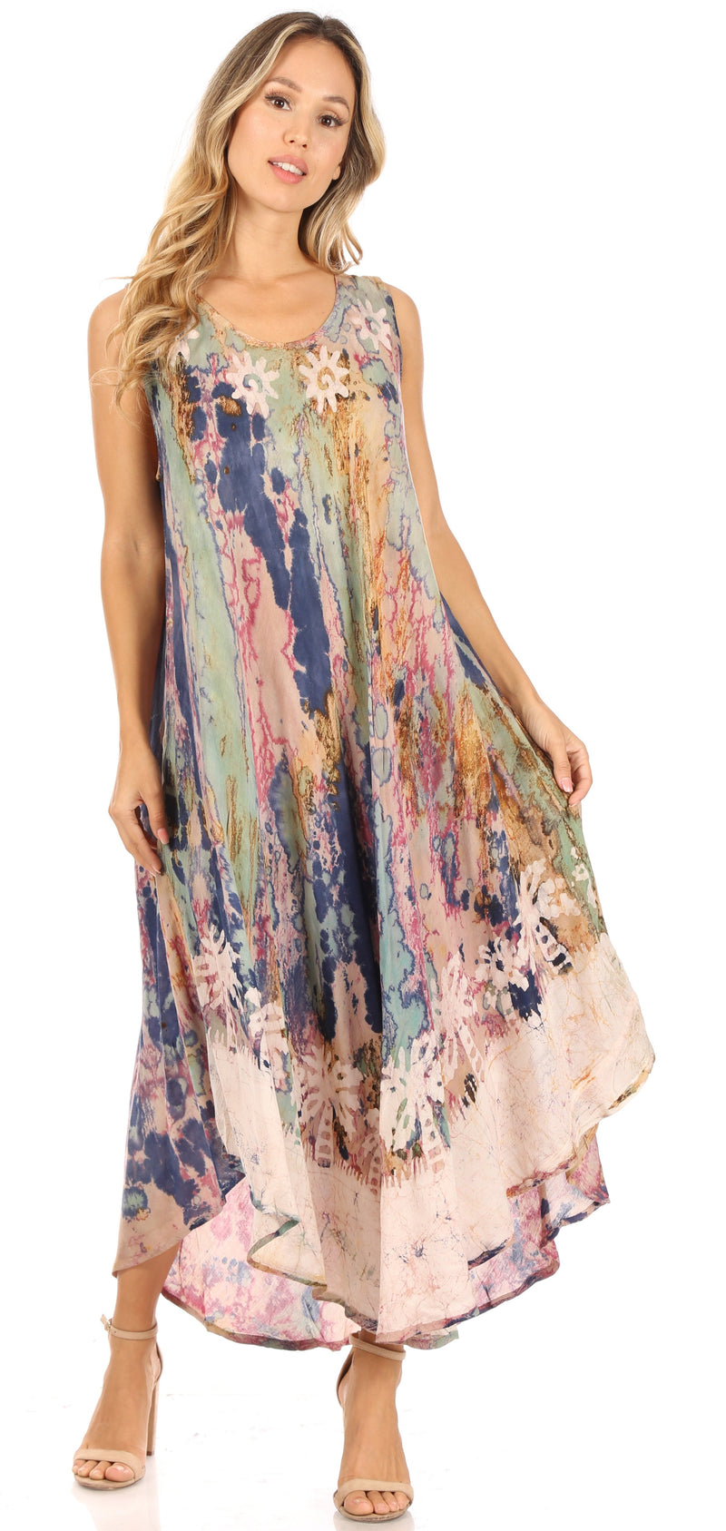 Sakkas Julia Boho Flared Multi-color Marble Batik Rayon Long Dress  / Cover Up