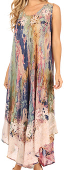 Sakkas Julia Boho Flared Multi-color Marble Batik Rayon Long Dress  / Cover Up