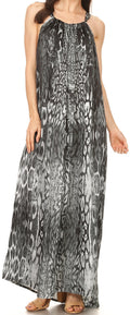 Sakkas Calypso Long Adjustable Column Dress with Animal Print and Rhinestones#color_Black 