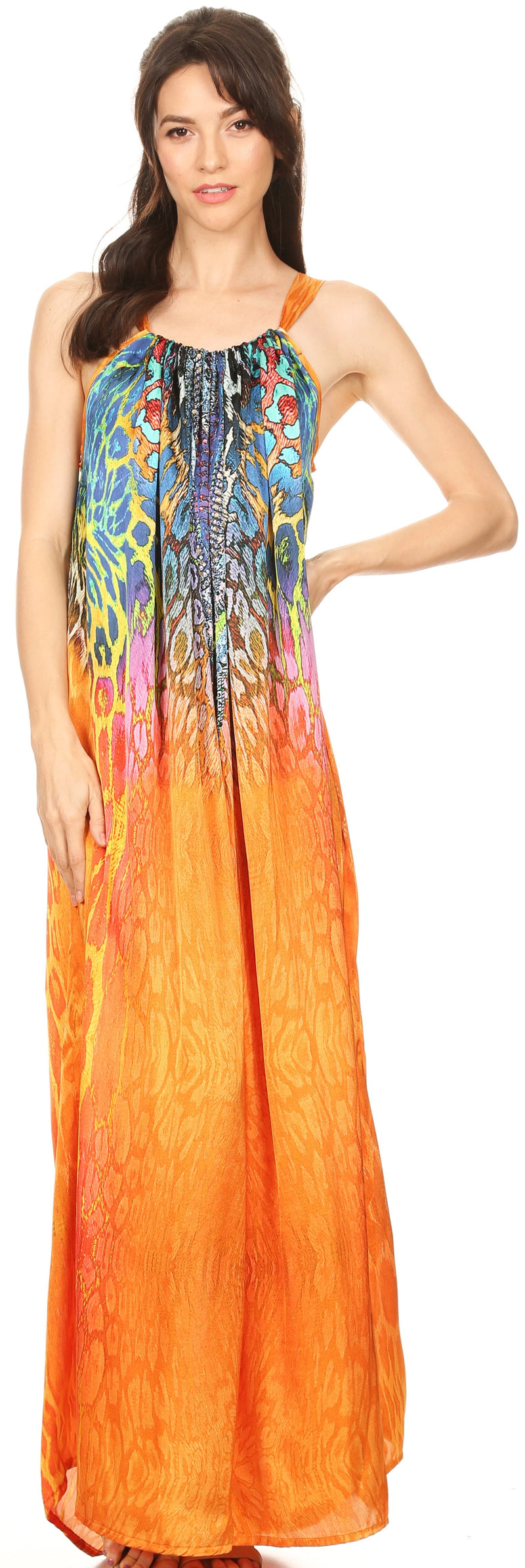 Sakkas Calypso Long Adjustable Column Dress with Animal Print and Rhinestones