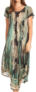 Sakkas Ginette Marble Dye Short Sleeve Long Dress with Crochet Lace#color_Green/Mint
