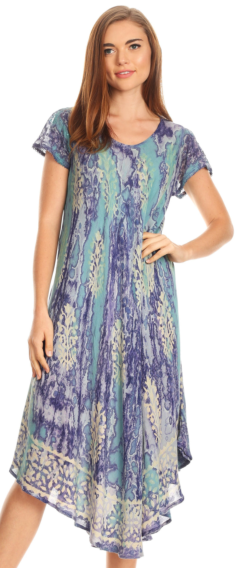 Sakkas Ginette Marble Dye Short Sleeve Long Dress with Crochet Lace