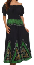 Sakkas Jacquelyn Batik Embroidered Peasant Dress#color_Black/Green
