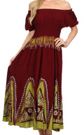 Sakkas Jacquelyn Batik Embroidered Peasant Dress#color_Burgundy/Green