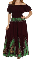 Sakkas Jacquelyn Batik Embroidered Peasant Dress#color_Chocolate/Green
