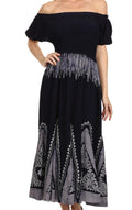 Sakkas Jacquelyn Batik Embroidered Peasant Dress#color_Navy/Grey
