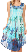 Sakkas Jimena Women's Tie Dye Sleeveless Caftan Dress Sundress Flare Floral Print#color_Blue/Turquoise