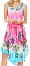 Sakkas Jimena Women's Tie Dye Sleeveless Caftan Dress Sundress Flare Floral Print#color_Turquoise/Pink