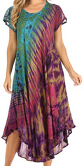 Sakkas Sofi Women's Short Sleeve Embroidered Tie Dye Caftan Tank Dress / Cover Up#color_Turquoise