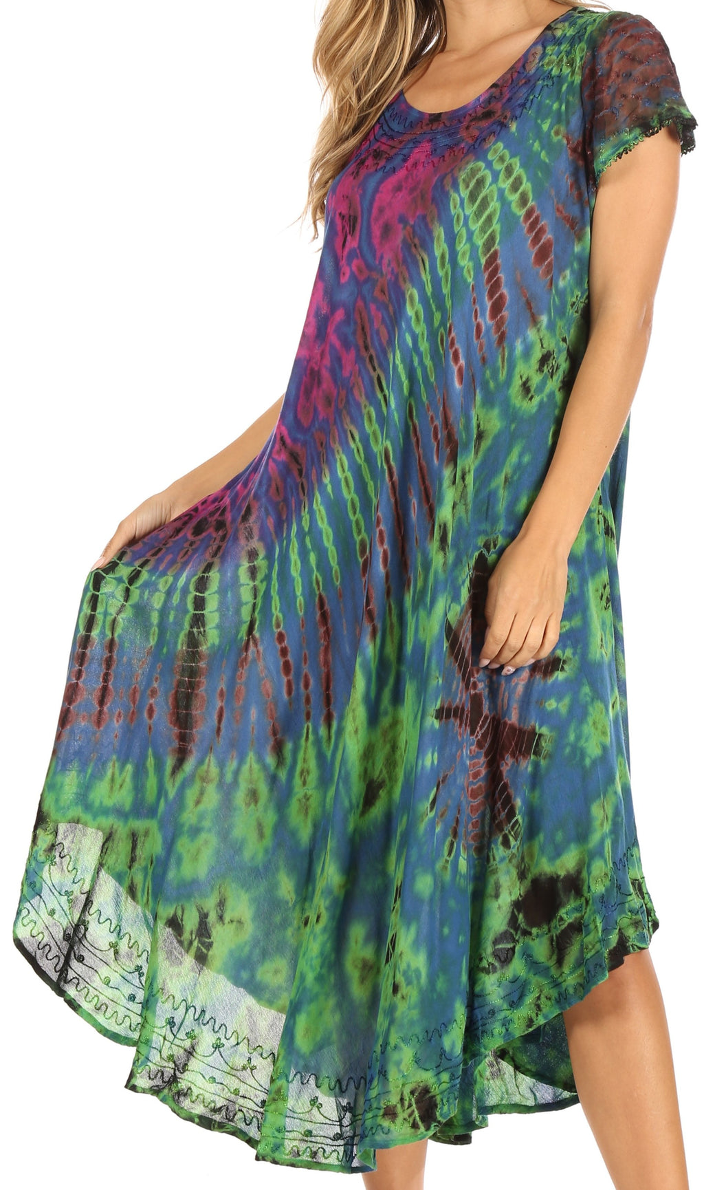 Sakkas Sofi Women's Short Sleeve Embroidered Tie Dye Caftan Tank Dress