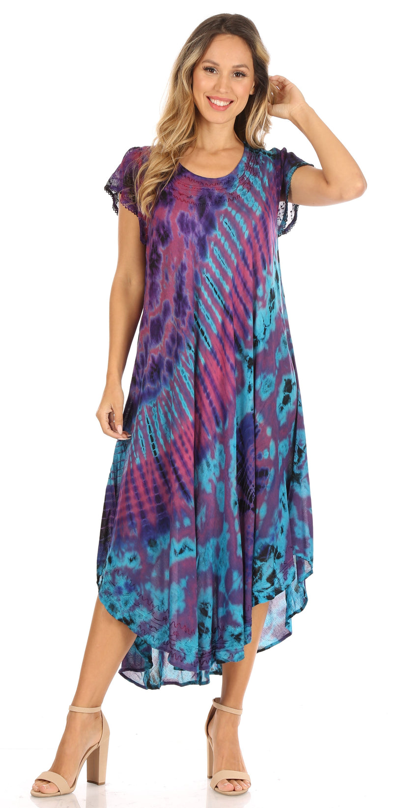 Sakkas Sofi Women's Short Sleeve Embroidered Tie Dye Caftan Tank Dress / Cover Up