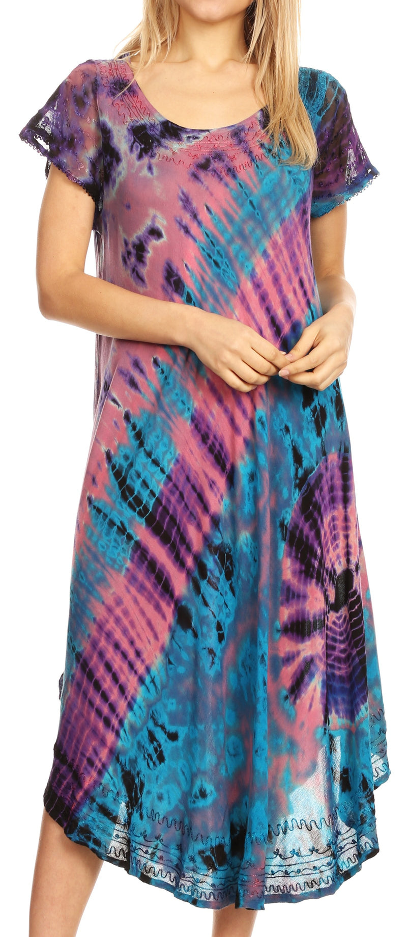 Sakkas Sofi Women's Short Sleeve Embroidered Tie Dye Caftan Tank Dress / Cover Up