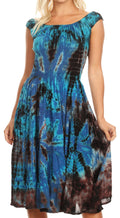 Sakkas Alba Women's Off The Shoulder Smock Ruffle Midi Dress Tie Dye & Embroidery#color_Navy/Turquoise