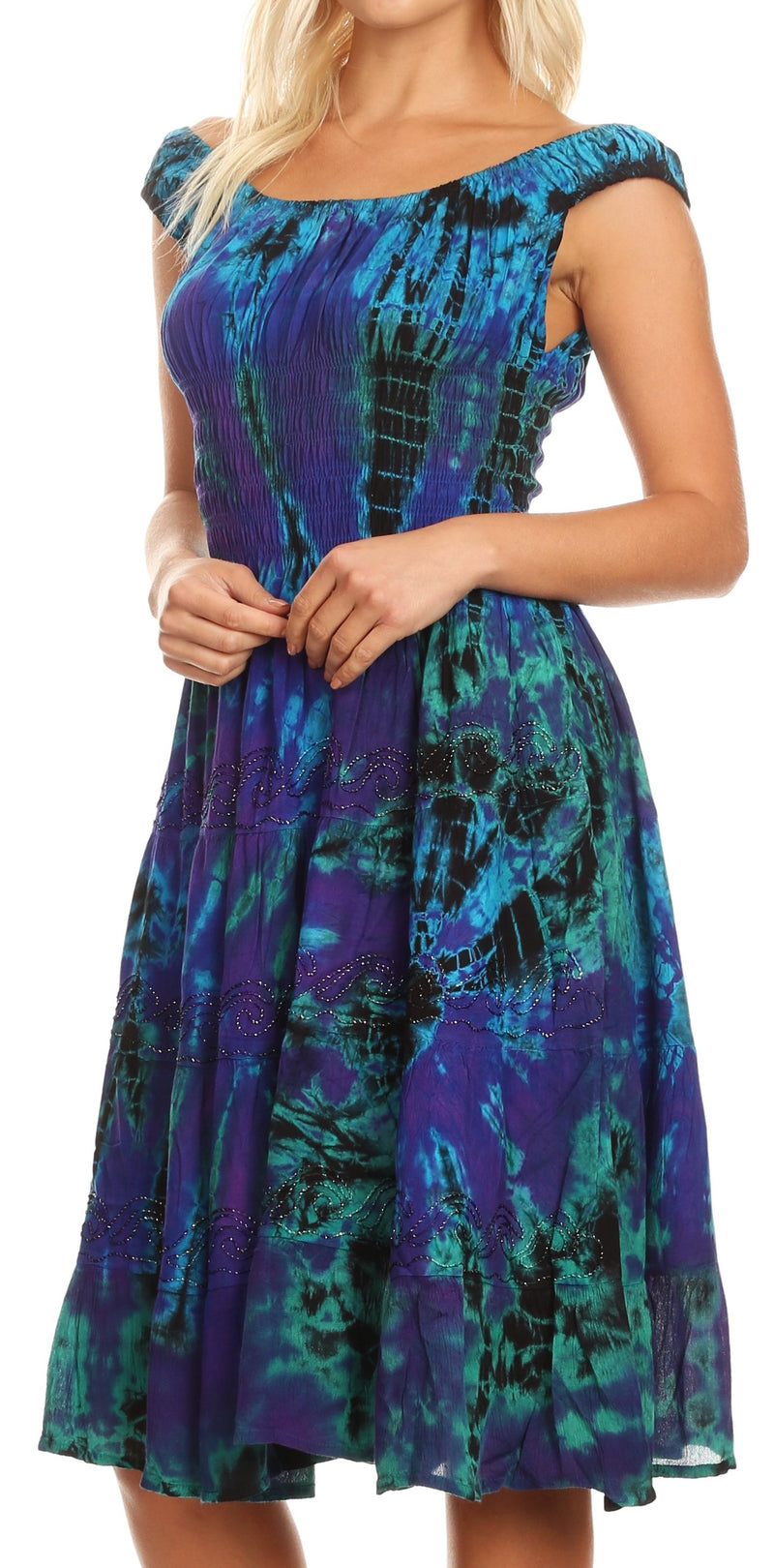 Sakkas Alba Women's Off The Shoulder Smock Ruffle Midi Dress Tie Dye & Embroidery