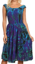 Sakkas Alba Women's Off The Shoulder Smock Ruffle Midi Dress Tie Dye & Embroidery#color_Purple/Turquoise