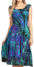 Sakkas Alba Women's Off The Shoulder Smock Ruffle Midi Dress Tie Dye & Embroidery#color_RoyalBlue/Turquoise