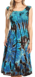 Sakkas Alba Women's Off The Shoulder Smock Ruffle Midi Dress Tie Dye & Embroidery#color_Turquoise