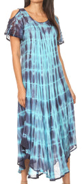 Sakkas Renata Women's Cold Shoulder Maxi Caftan Dress Sundress Flare Stonewashed#color_19246-TurquoiseGrey