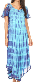 Sakkas Renata Women's Cold Shoulder Maxi Caftan Dress Sundress Flare Stonewashed#color_19246-TurquoiseBlue