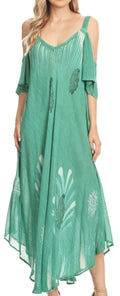 Sakkas Renata Women's Cold Shoulder Maxi Caftan Dress Sundress Flare Stonewashed#color_Aqua