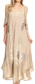 Sakkas Renata Women's Cold Shoulder Maxi Caftan Dress Sundress Flare Stonewashed#color_Coffee