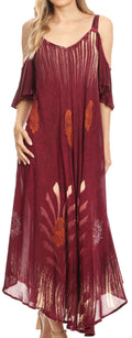 Sakkas Renata Women's Cold Shoulder Maxi Caftan Dress Sundress Flare Stonewashed#color_HotPink
