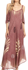 Sakkas Renata Women's Cold Shoulder Maxi Caftan Dress Sundress Flare Stonewashed#color_Mauve