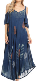 Sakkas Renata Women's Cold Shoulder Maxi Caftan Dress Sundress Flare Stonewashed#color_Navy