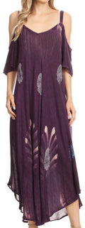 Sakkas Renata Women's Cold Shoulder Maxi Caftan Dress Sundress Flare Stonewashed#color_Purple