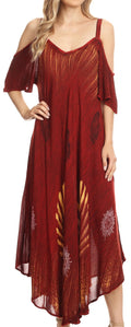 Sakkas Renata Women's Cold Shoulder Maxi Caftan Dress Sundress Flare Stonewashed#color_Red